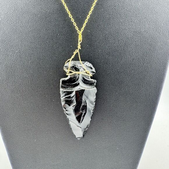 Wire Wrapped Vintage Obsidian Arrowhead Necklace – Handmade Boho Tribal Pendant - Picture 6 of 9